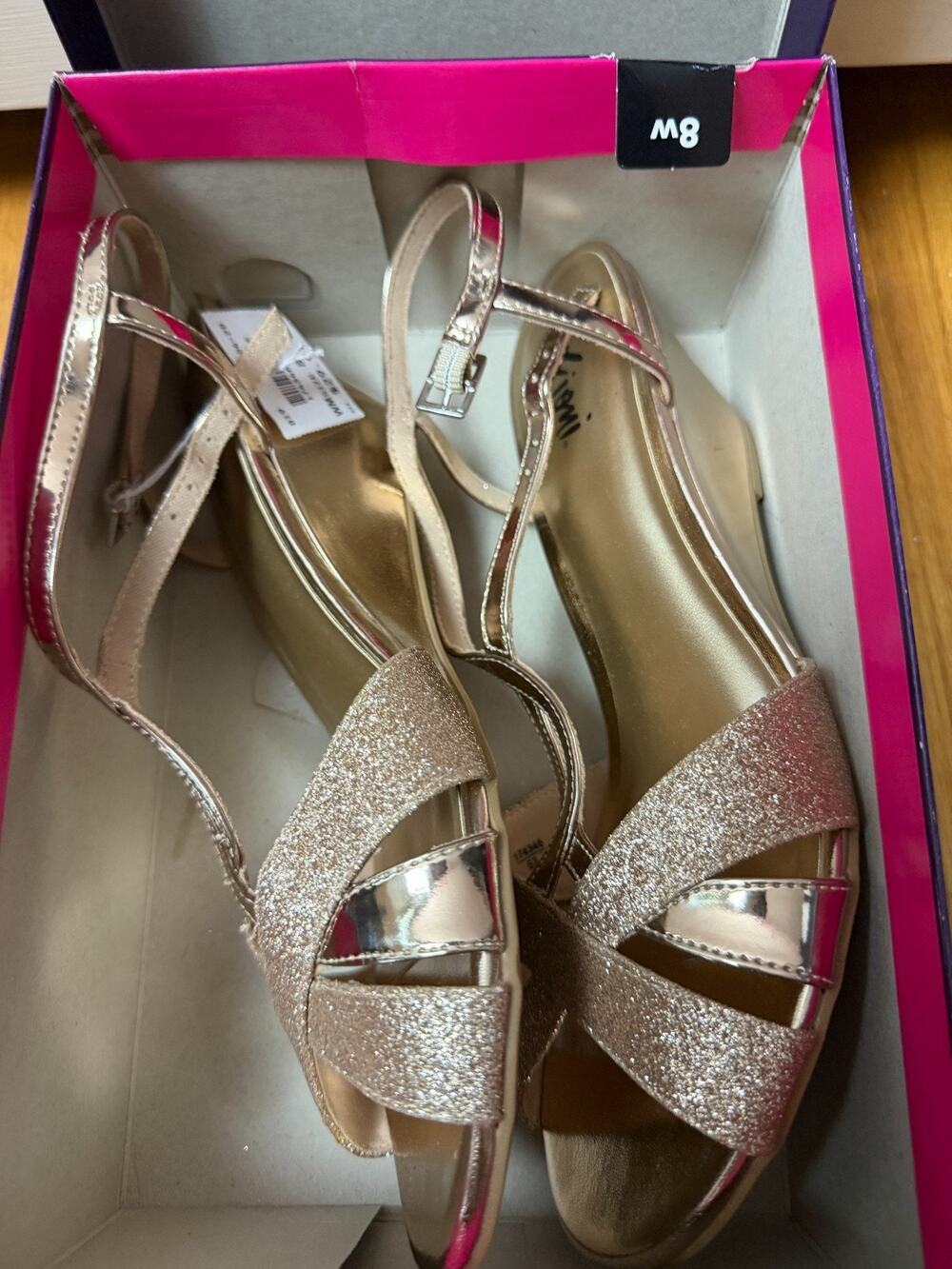 NWT - Fioni Gold Glitter Strappy Wedge Sandals Synthetic Women's Size 8w